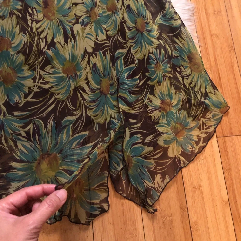 Meghan Matthews Daisy Floral Asymmetrical Sleeveless Green Brown Midi Dress 8 - Picture 6 of 10